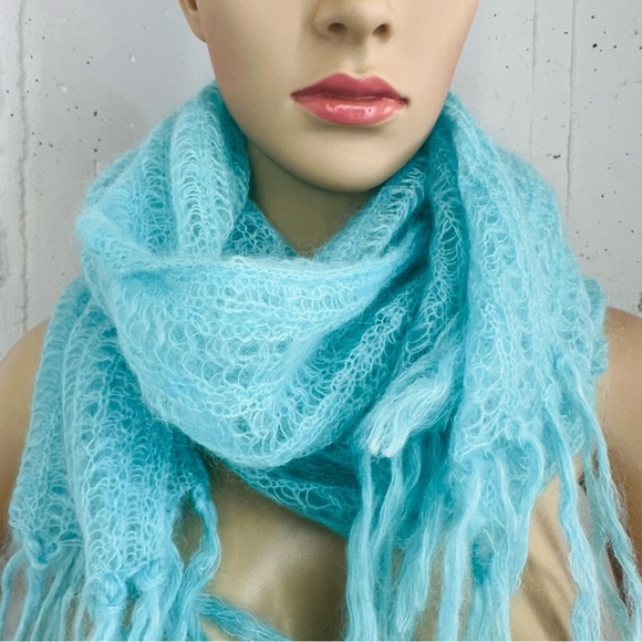Baby Mo Light Aqua Blue Kid Mohair Scarf 19 x 63” - Picture 2 of 11
